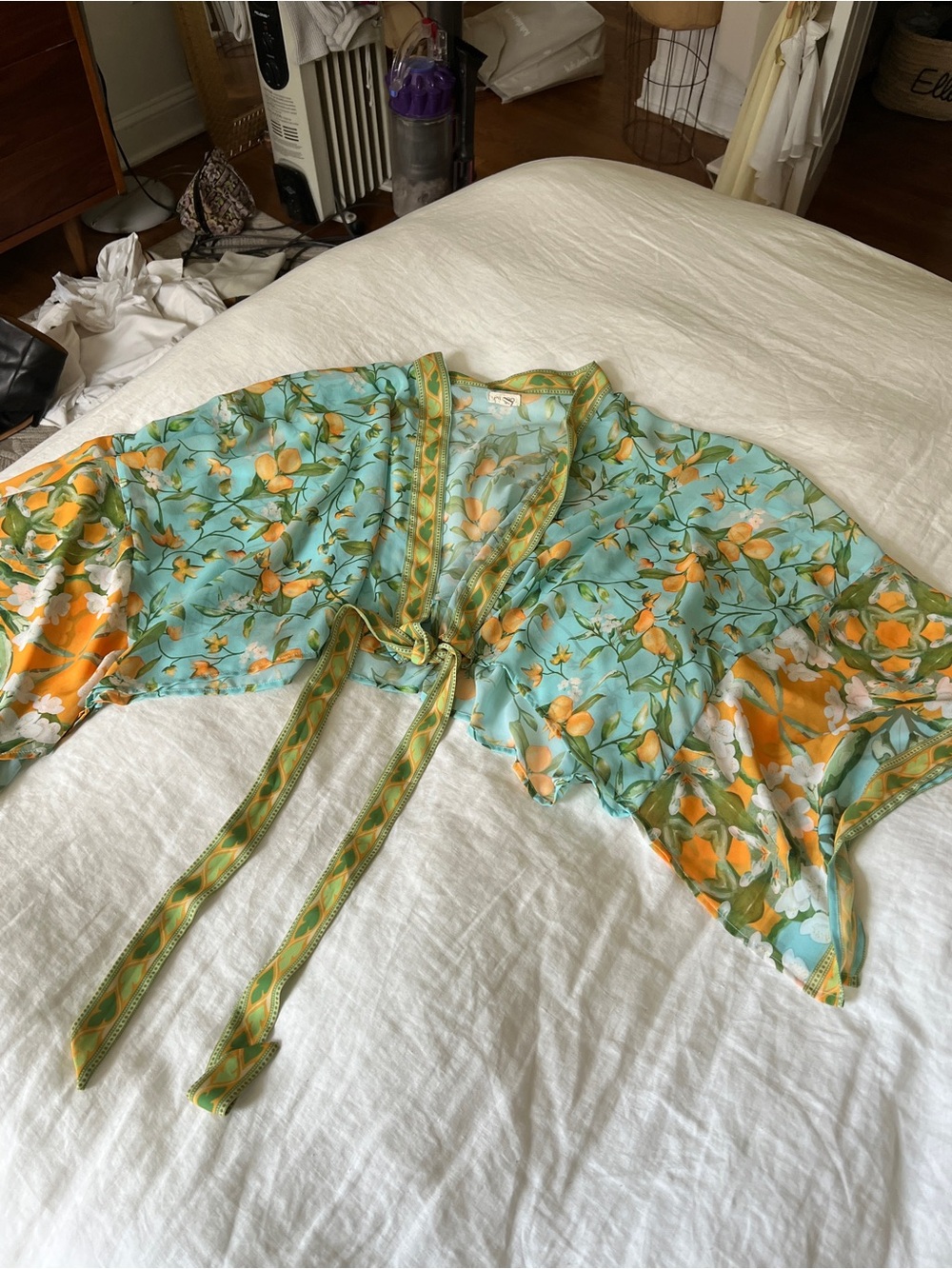 Pilcro Light Blue and Orange Floral Kimono Robe